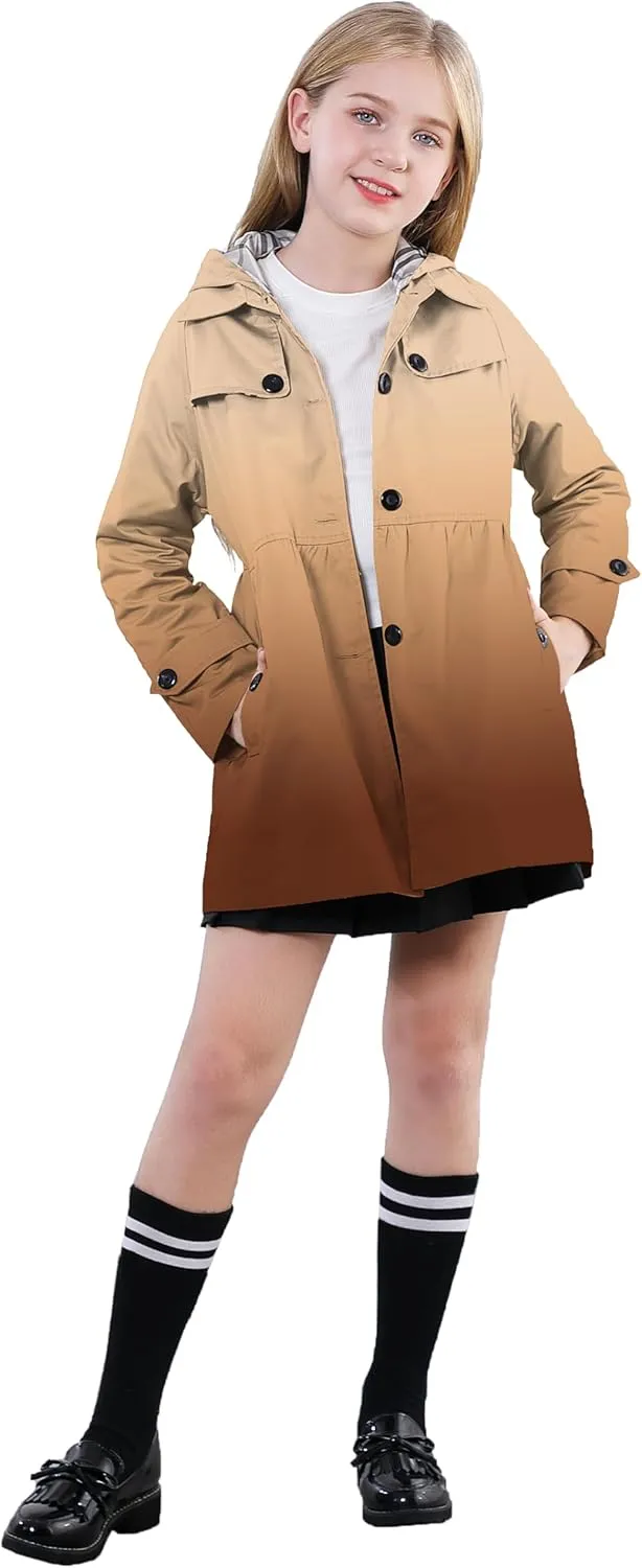 Betusline Girl's Rain Jackets Lightweight Waterproof Hooded Trench Coat Raincoats for Kids,2-14 Years
