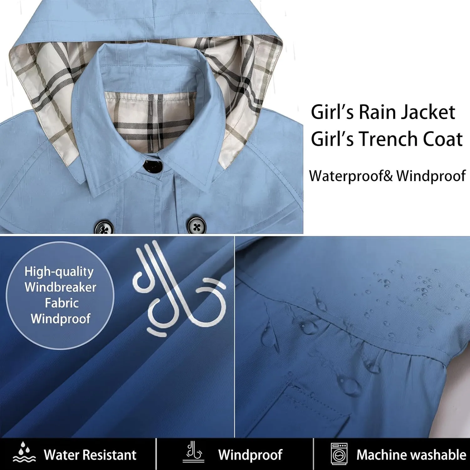 Betusline Girl's Rain Jackets Lightweight Waterproof Hooded Trench Coat Raincoats for Kids,2-14 Years