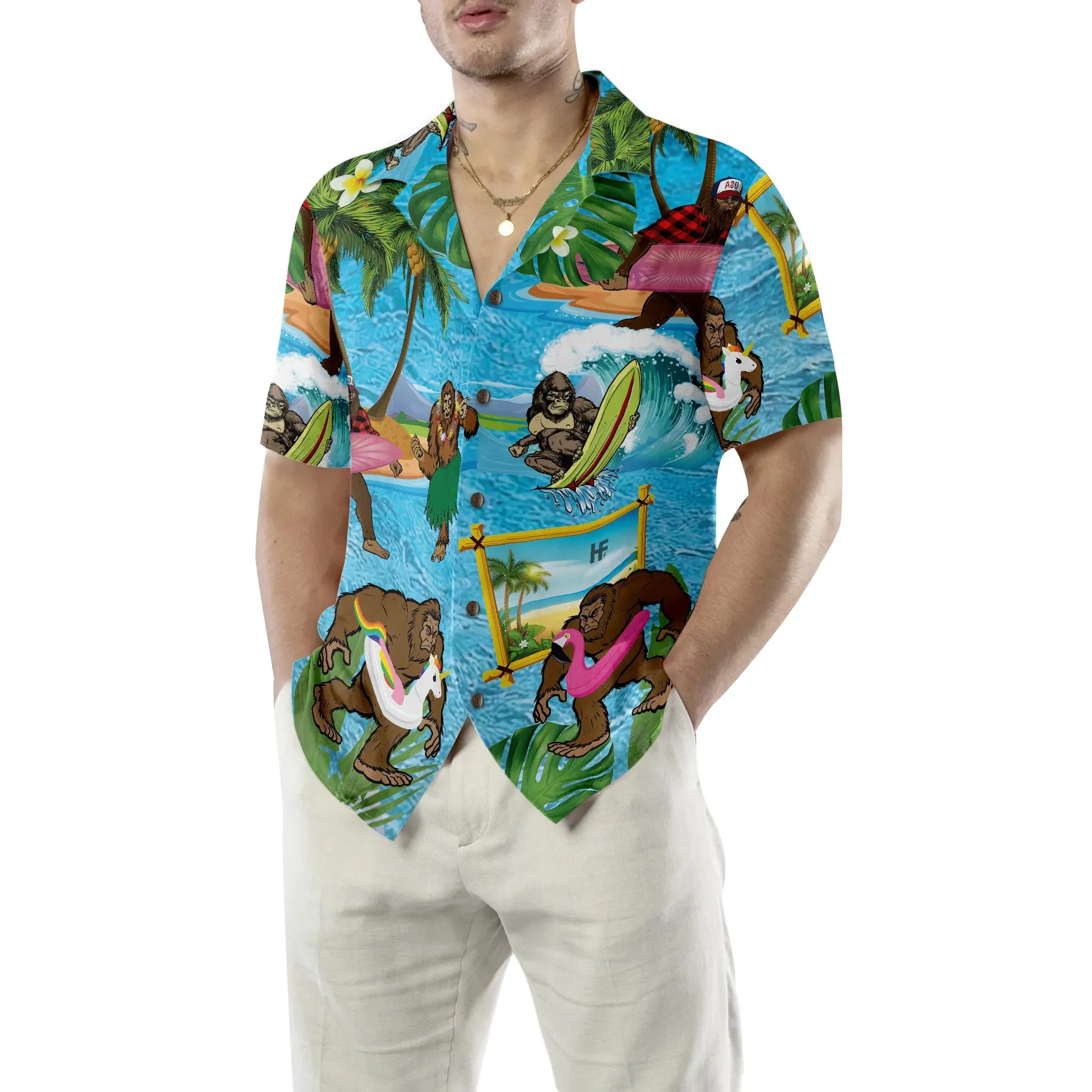 Bigfoot On The Beach, Bigfoot Hawaiian Shirt, Tropical Aloha Wave Surfing Bigfoot Shirt For Men, Bigfoot Summer Beach Aloha Shirt For Men, Perfect Gift For Beach Lovers, Friends, Husband, Boyfriend, Family, Summer Lovers