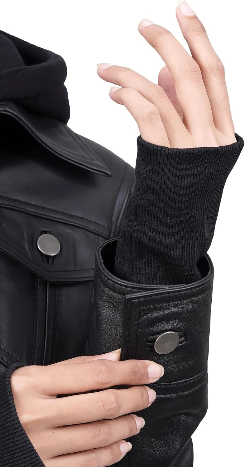 Blingsoul Leather Bomber Jacket Women - Real Lambskin Womens Leather Jackets with Removable Hood
