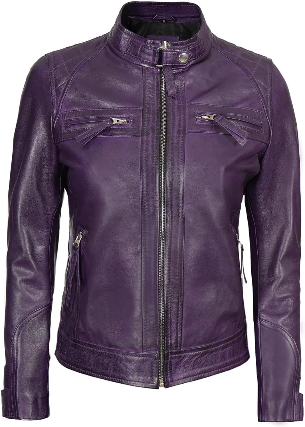 Blingsoul Leather Jacket Women - Quilted Cafe Racer Style Womens Leather Jackets