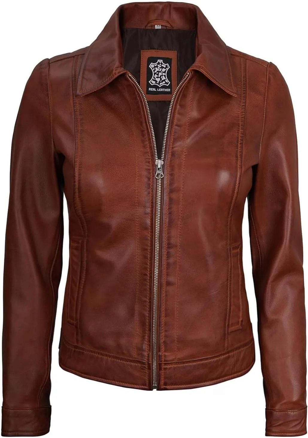 Blingsoul Shirt Collar Leather Jacket Womens, Real Lambskin Leather Jacket for Women
