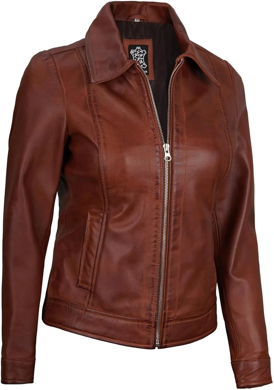 Blingsoul Shirt Collar Leather Jacket Womens, Real Lambskin Leather Jacket for Women