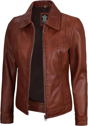 Blingsoul Shirt Collar Leather Jacket Womens, Real Lambskin Leather Jacket for Women