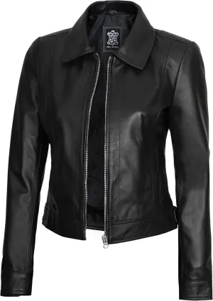 Blingsoul Shirt Collar Leather Jacket Womens, Real Lambskin Leather Jacket for Women