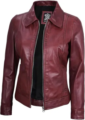 Blingsoul Shirt Collar Leather Jacket Womens, Real Lambskin Leather Jacket for Women