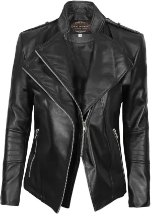 Blingsoul Womens Real Leather Jacket - Asymmetrical Leather Jackets for Women