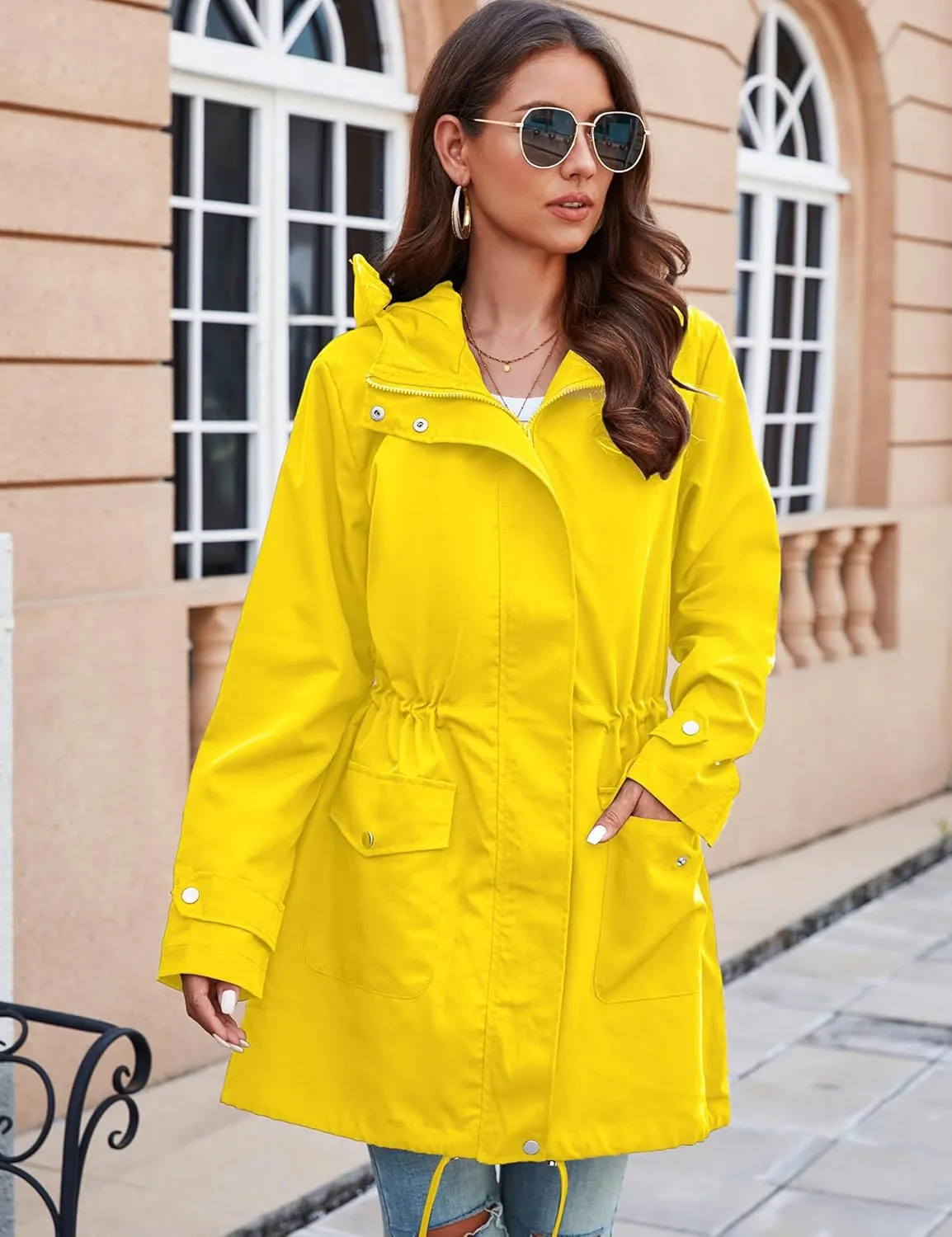 Bloggerlove Rain Jacket for Women Waterproof with Hood Trech Coat for Women Lightweight Raincoats Long Windbreaker