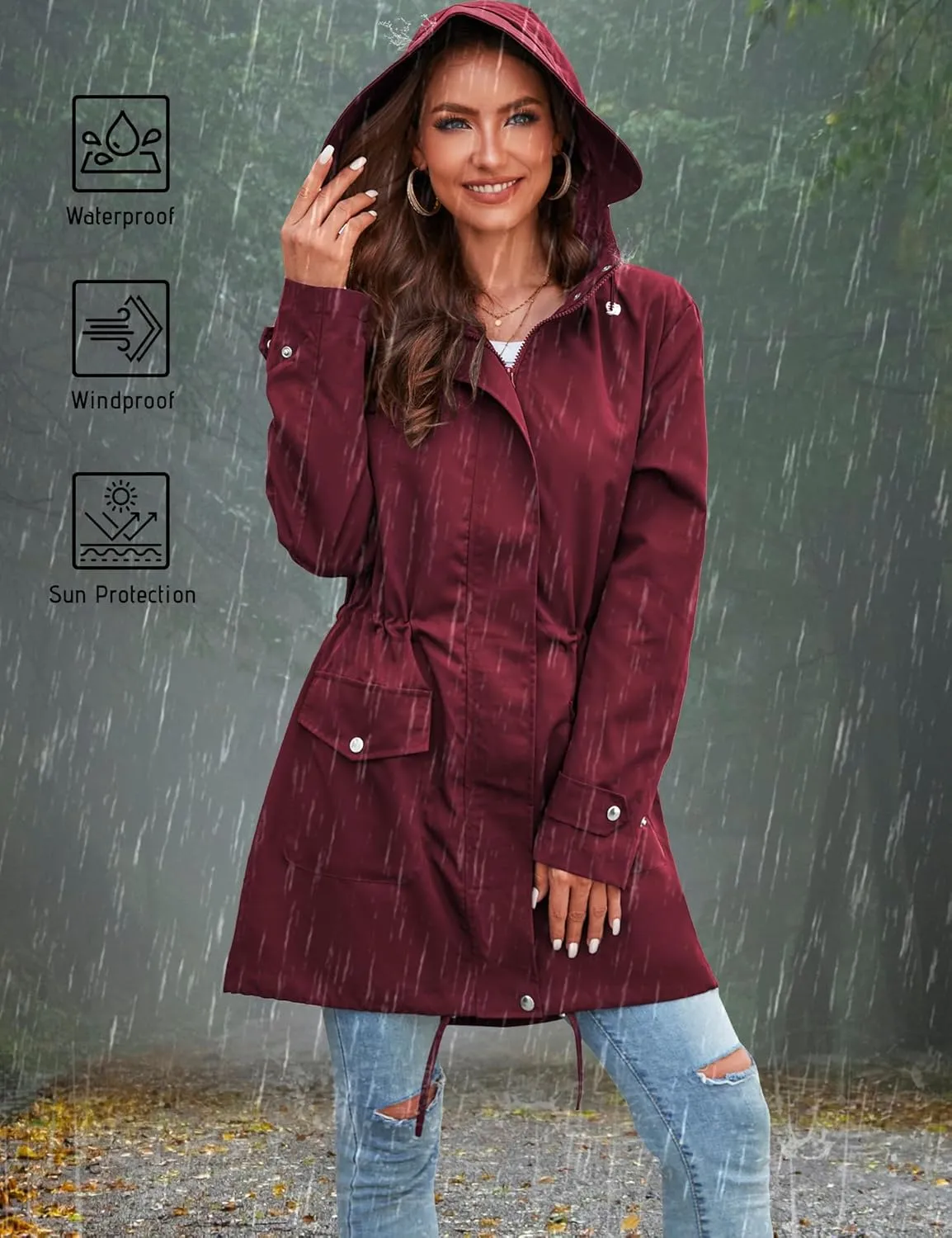 Bloggerlove Rain Jacket for Women Waterproof with Hood Trech Coat for Women Lightweight Raincoats Long Windbreaker