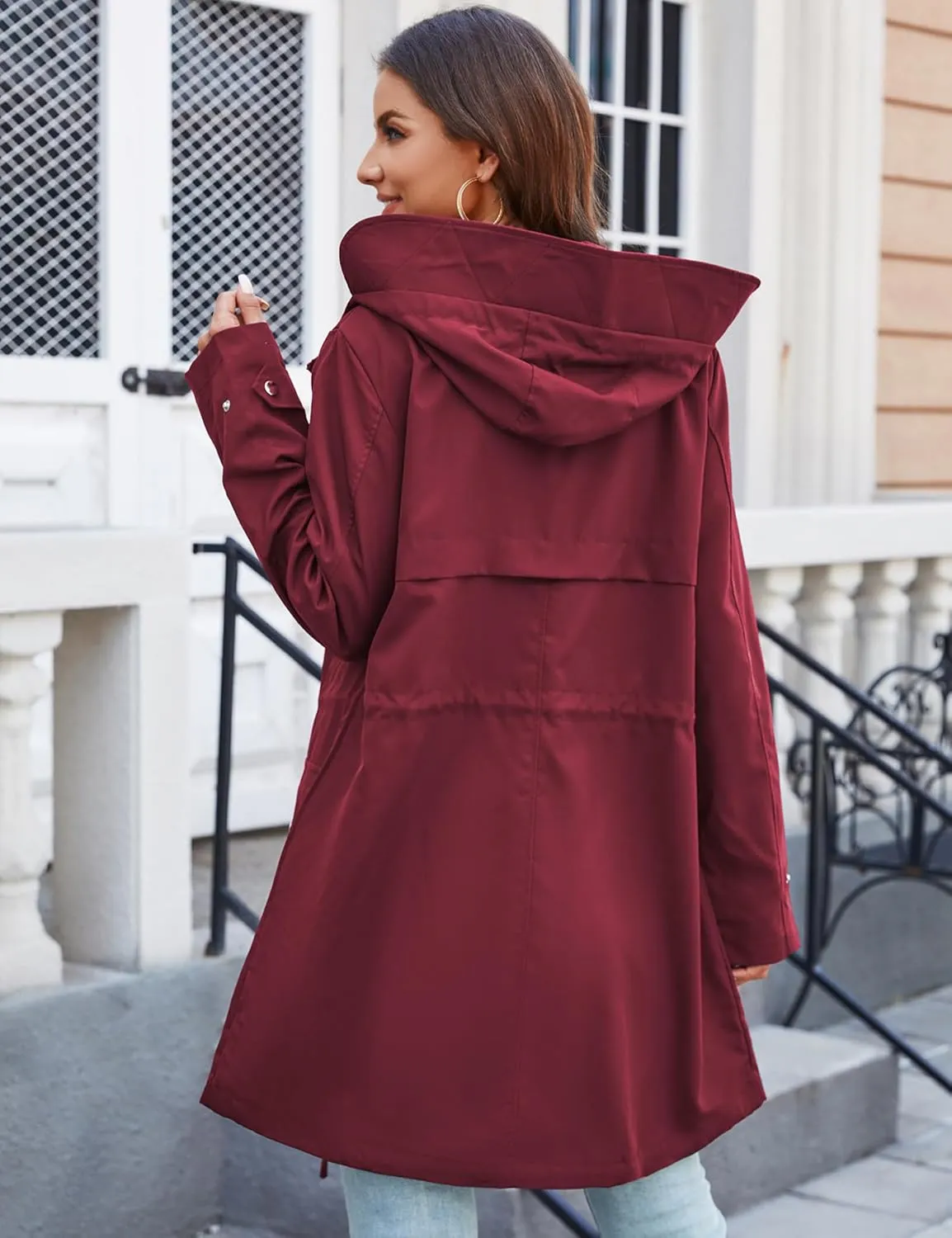Bloggerlove Rain Jacket for Women Waterproof with Hood Trech Coat for Women Lightweight Raincoats Long Windbreaker