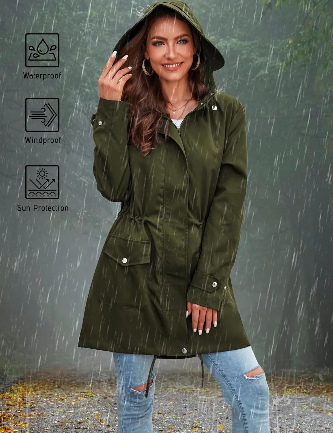 Bloggerlove Rain Jacket for Women Waterproof with Hood Trech Coat for Women Lightweight Raincoats Long Windbreaker