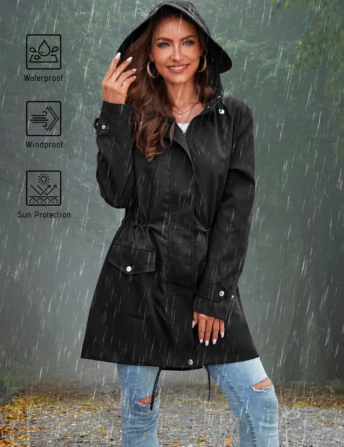 Bloggerlove Rain Jacket for Women Waterproof with Hood Trech Coat for Women Lightweight Raincoats Long Windbreaker