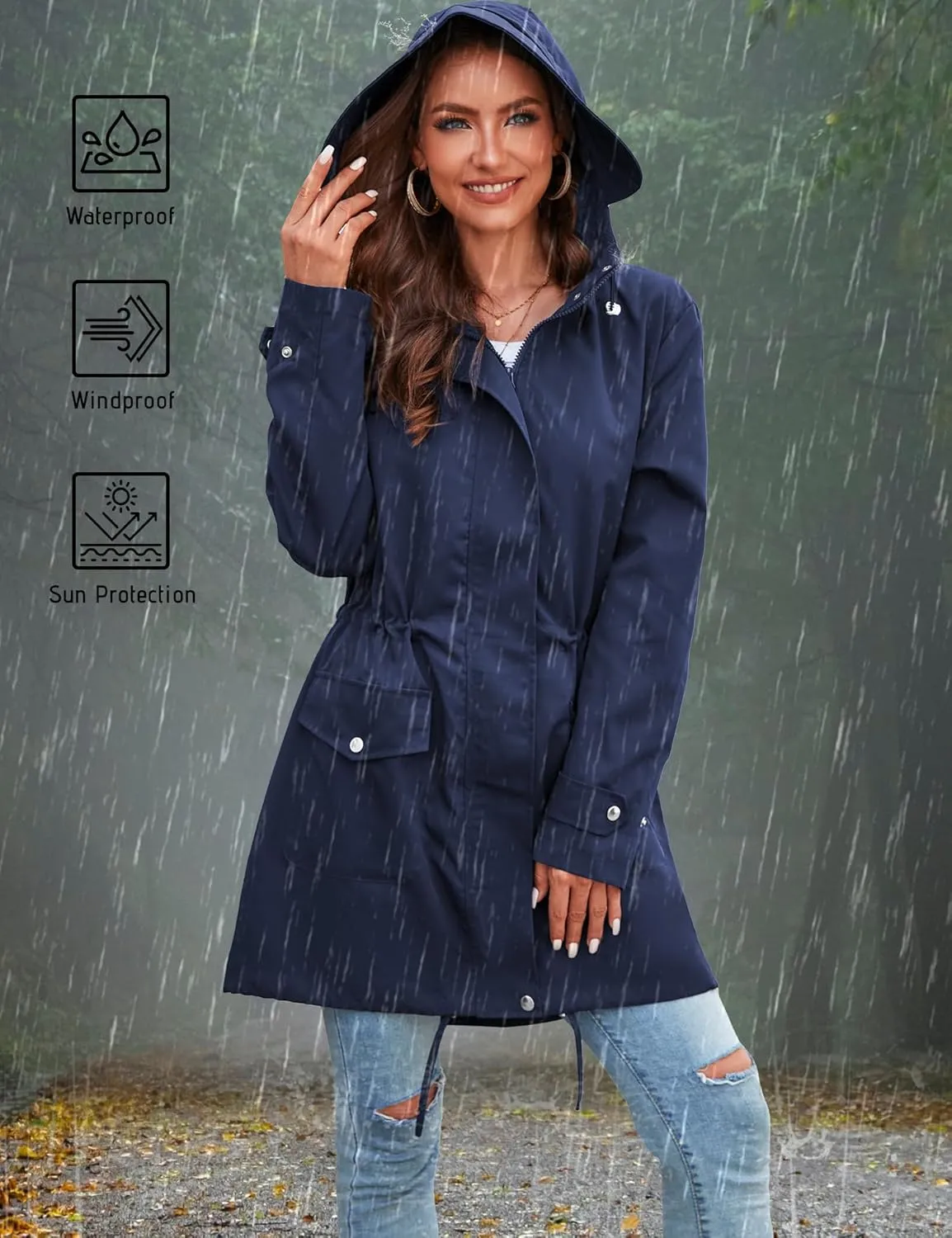 Bloggerlove Rain Jacket for Women Waterproof with Hood Trech Coat for Women Lightweight Raincoats Long Windbreaker