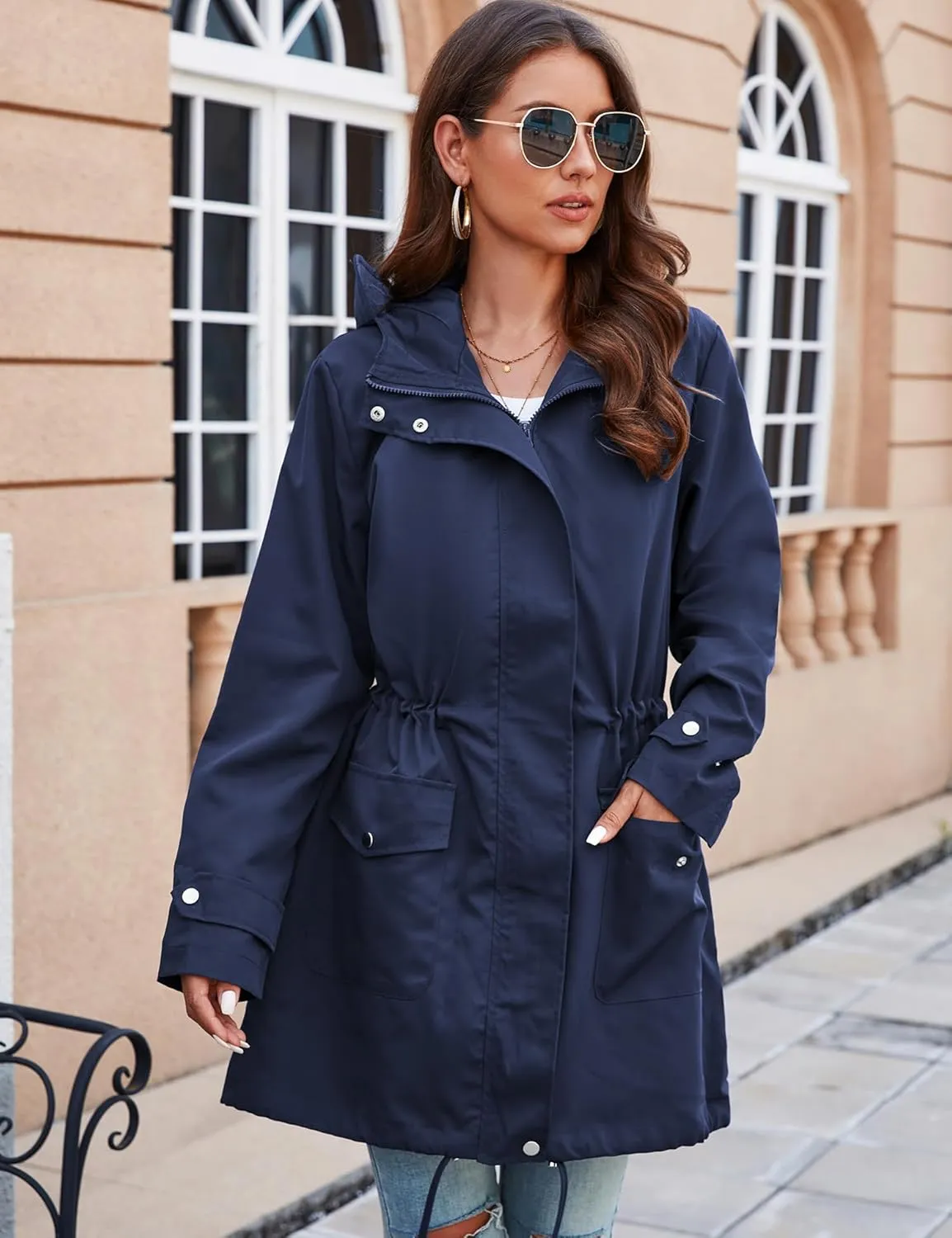 Bloggerlove Rain Jacket for Women Waterproof with Hood Trech Coat for Women Lightweight Raincoats Long Windbreaker