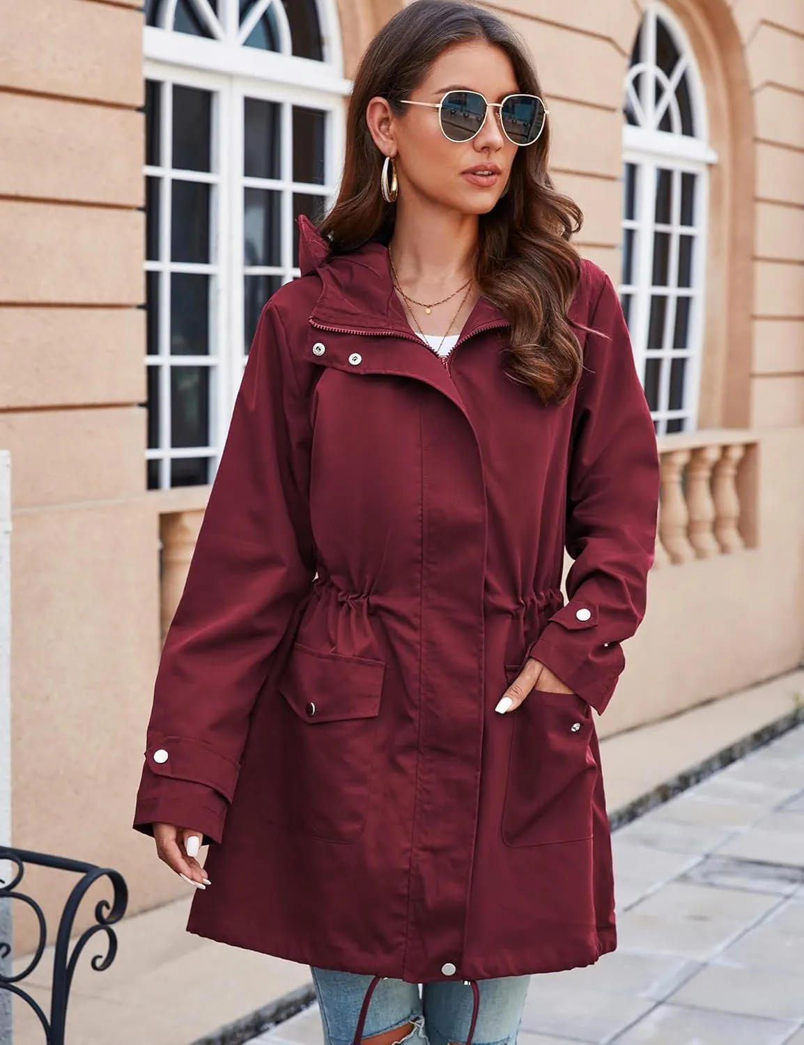 Bloggerlove Rain Jacket for Women Waterproof with Hood Trech Coat for Women Lightweight Raincoats Long Windbreaker