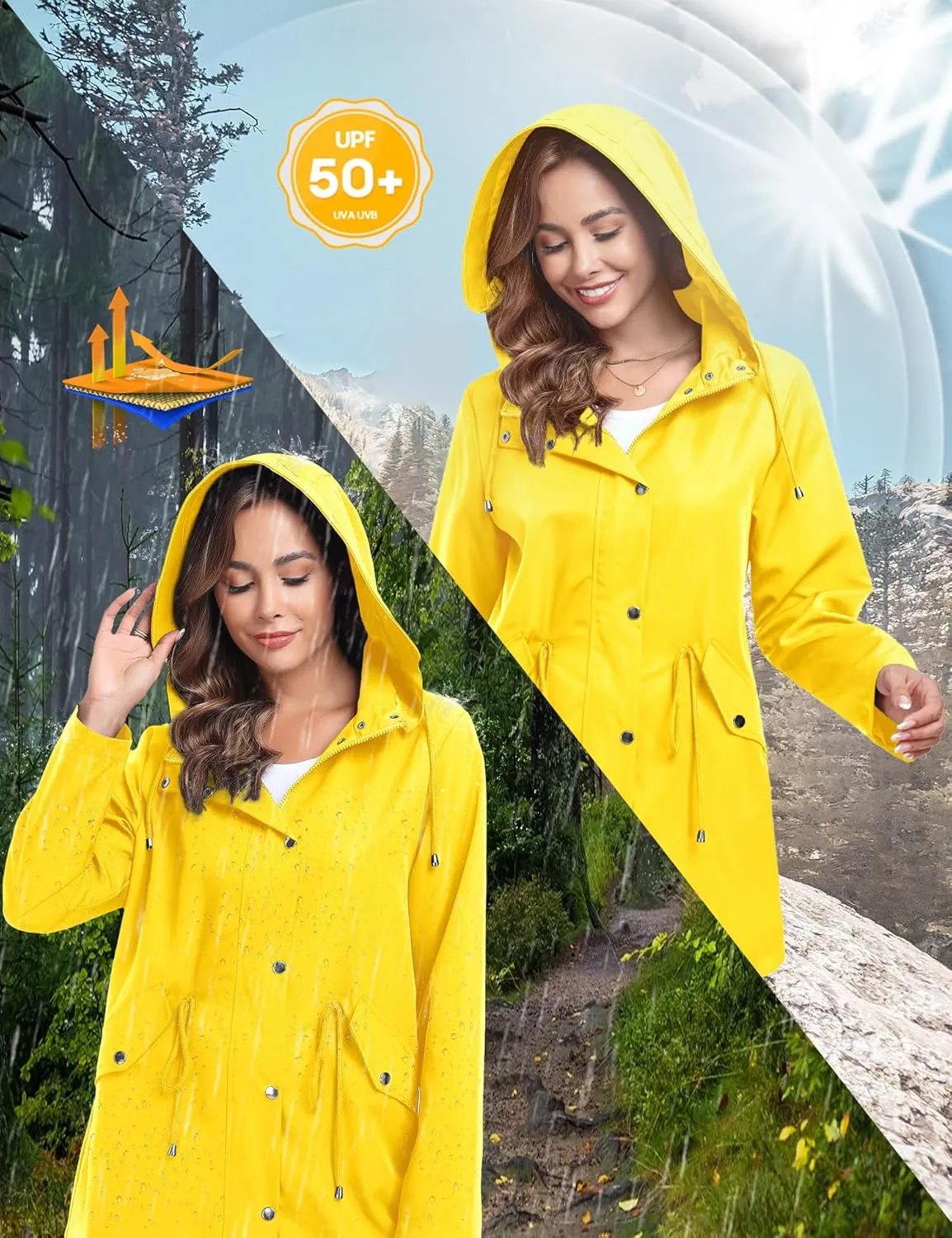 Bloggerlove Rain Jacket for Women Waterproof with Hood Trech Coat for Women Lightweight Raincoats Long Windbreaker