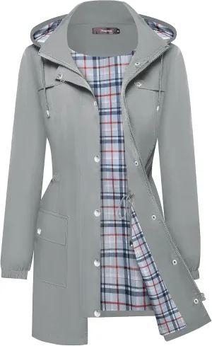 Bloggerlove Rain Jacket Women Lightweight Raincoats Outdoor Waterproof Windbreaker Hooded Plaid Lined Trench Coat S-XXL