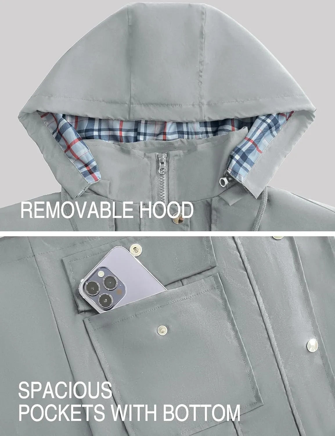 Bloggerlove Rain Jacket Women Lightweight Raincoats Outdoor Waterproof Windbreaker Hooded Plaid Lined Trench Coat S-XXL