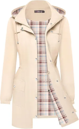Bloggerlove Rain Jacket Women Lightweight Raincoats Outdoor Waterproof Windbreaker Hooded Plaid Lined Trench Coat S-XXL