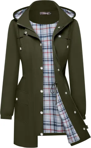 Bloggerlove Rain Jacket Women Lightweight Raincoats Outdoor Waterproof Windbreaker Hooded Plaid Lined Trench Coat S-XXL