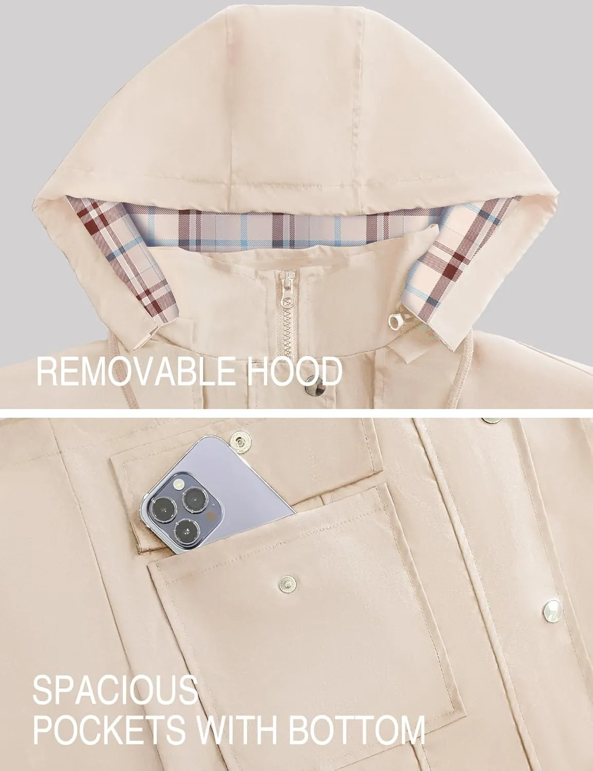 Bloggerlove Rain Jacket Women Lightweight Raincoats Outdoor Waterproof Windbreaker Hooded Plaid Lined Trench Coat S-XXL