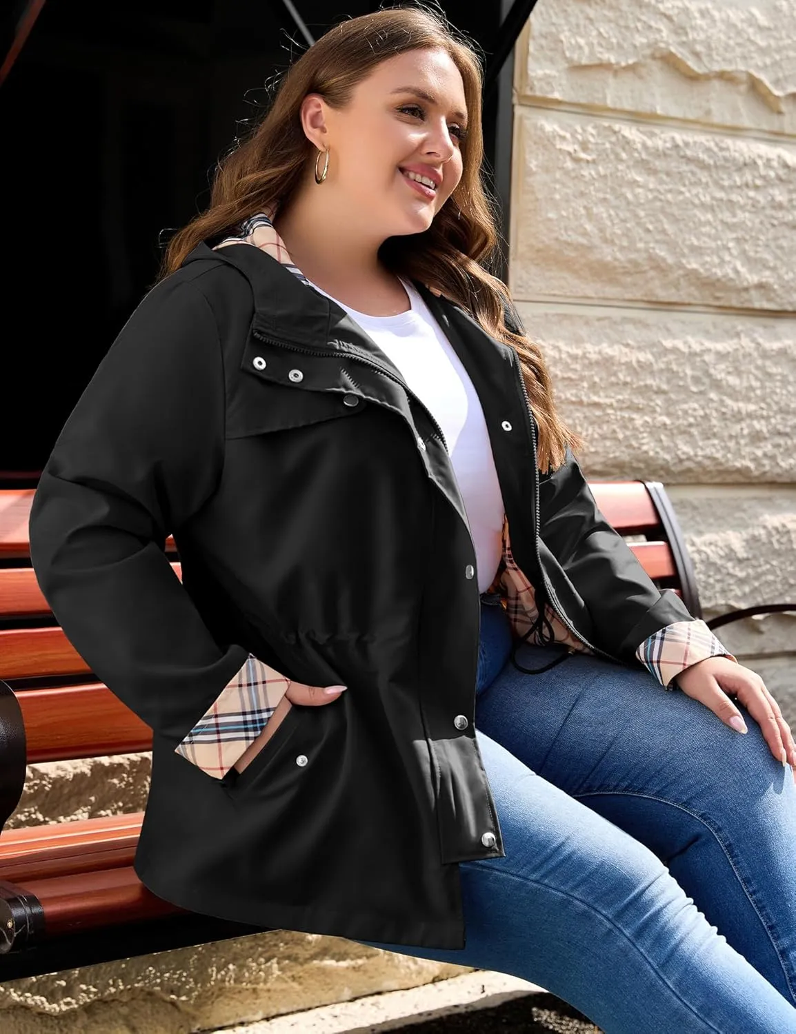Bloggerlove Rain Jacket Women Plus Size Long Raincoat with Hood Waterproof Outdoor Trench Coat