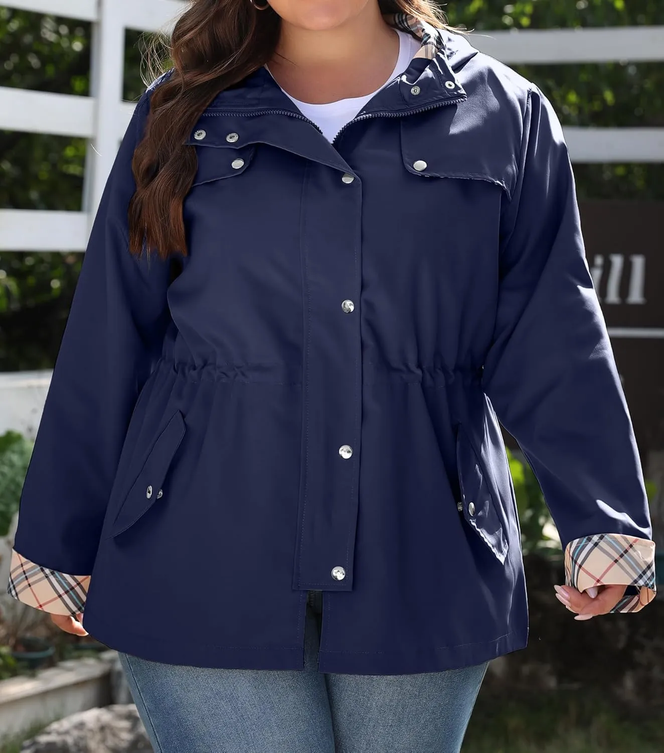 Bloggerlove Rain Jacket Women Plus Size Long Raincoat with Hood Waterproof Outdoor Trench Coat