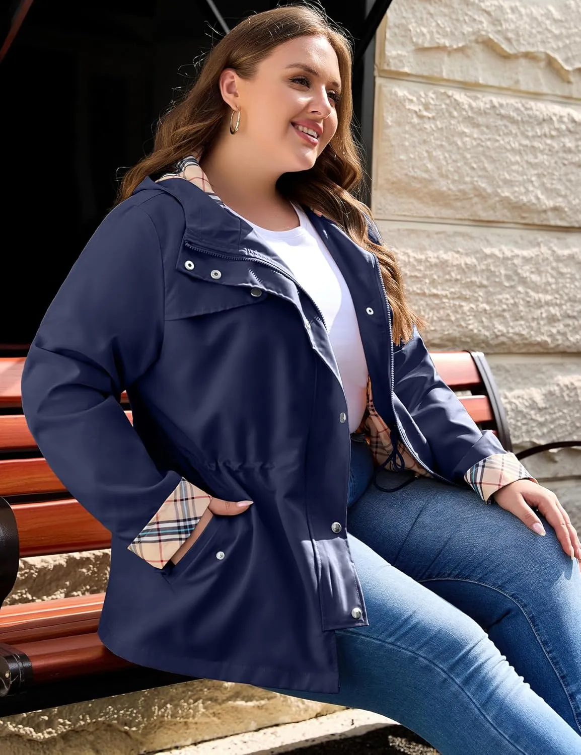 Bloggerlove Rain Jacket Women Plus Size Long Raincoat with Hood Waterproof Outdoor Trench Coat