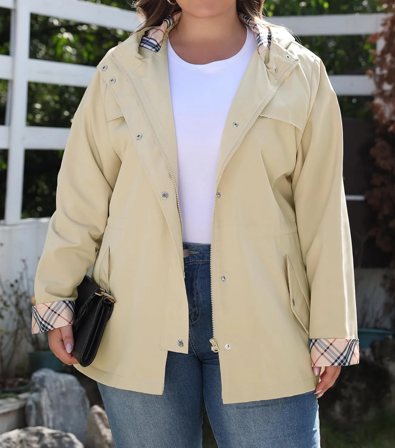 Bloggerlove Rain Jacket Women Plus Size Long Raincoat with Hood Waterproof Outdoor Trench Coat