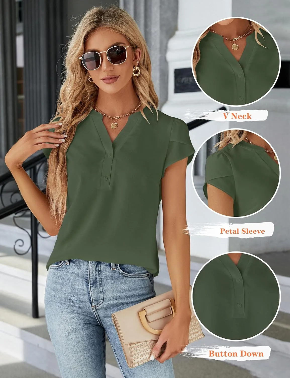 Blooming Jelly Women's Dressy Casual Tops Business Work Blouses White Button Down Shirts Cap Sleeve V Neck Tshirt