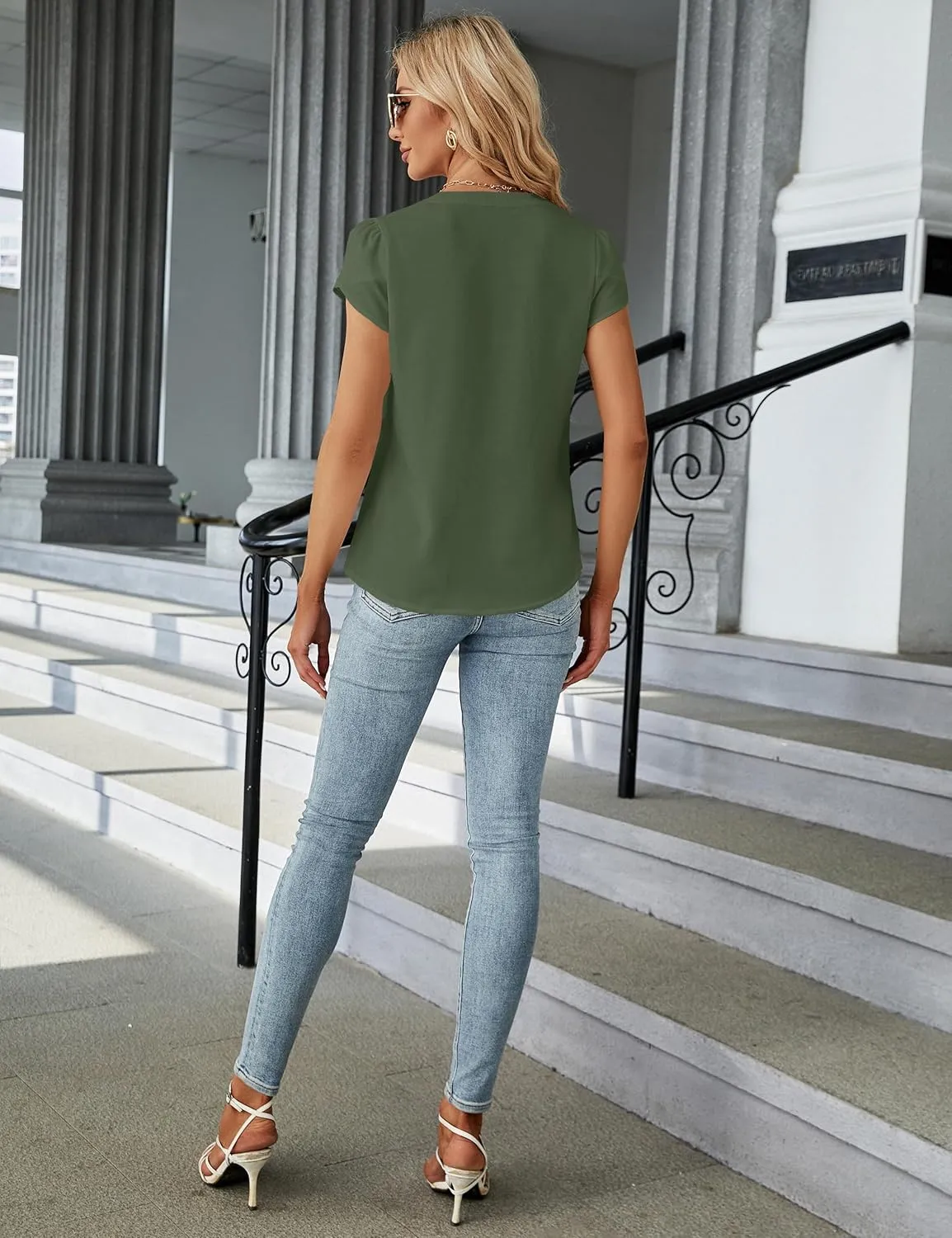 Blooming Jelly Women's Dressy Casual Tops Business Work Blouses White Button Down Shirts Cap Sleeve V Neck Tshirt