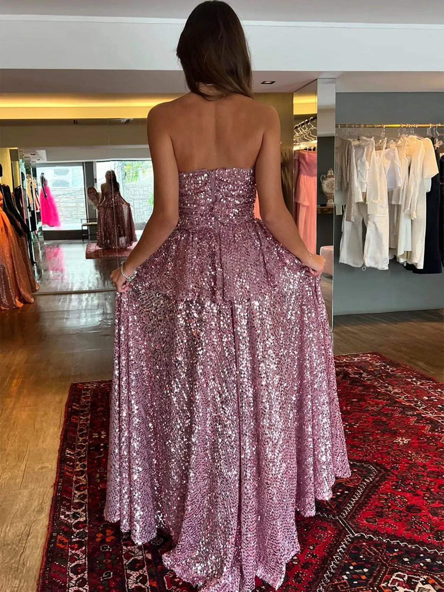 Blush Pink Strapless A-Line Sequins Long Prom Dresses