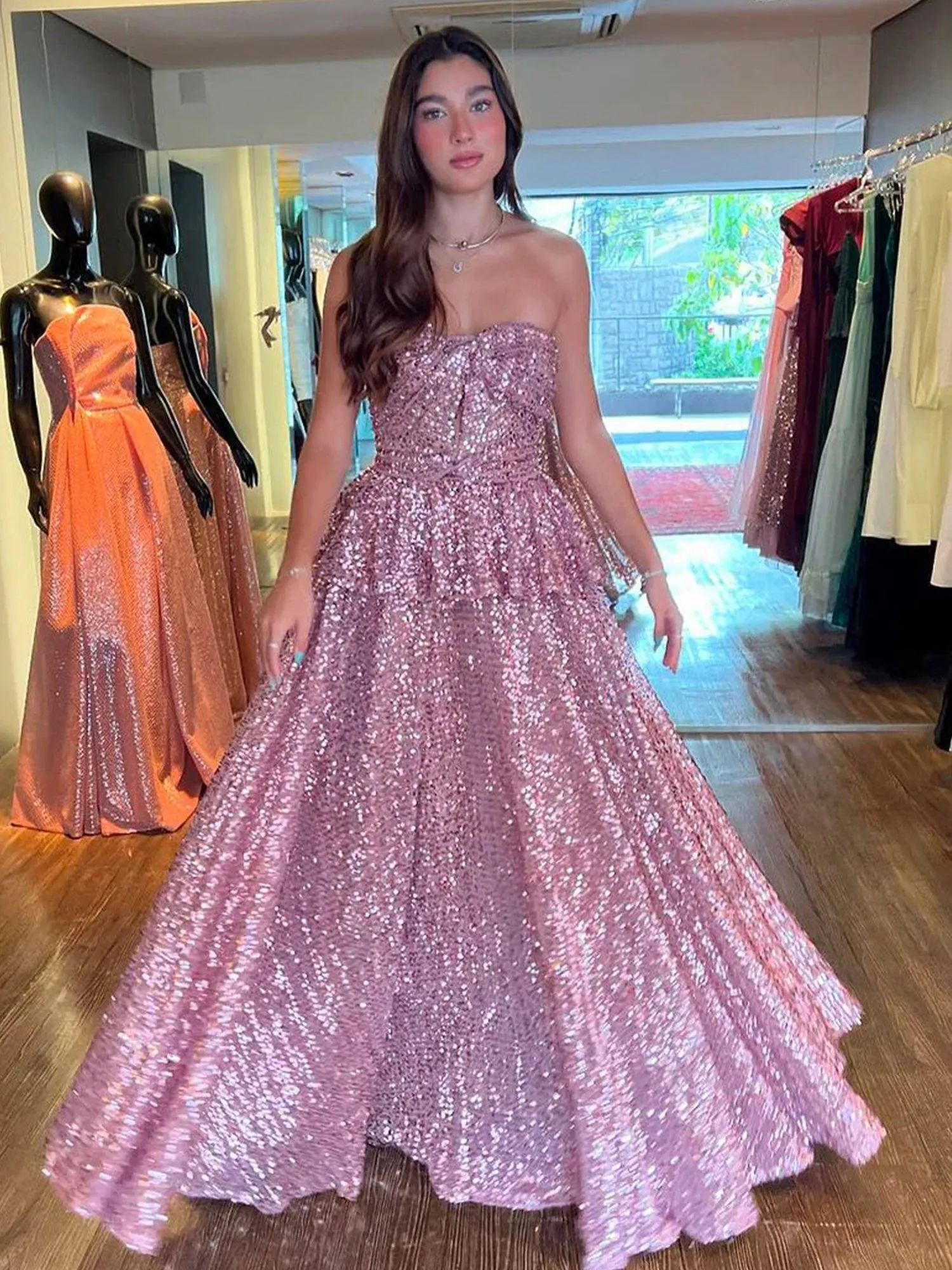 Blush Pink Strapless A-Line Sequins Long Prom Dresses