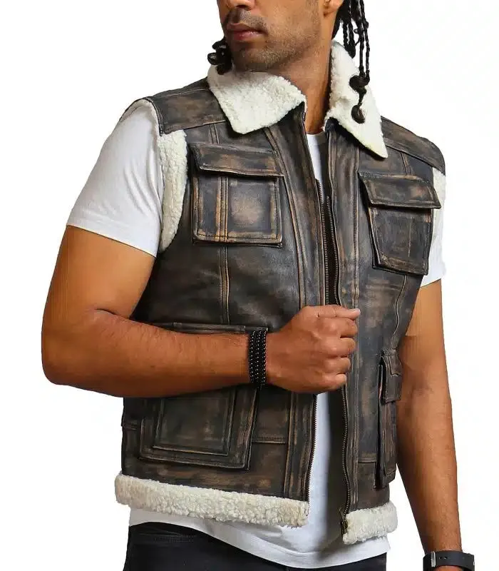 Brown Waxed Faux Fur Leather Vest
