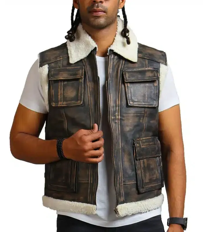 Brown Waxed Faux Fur Leather Vest