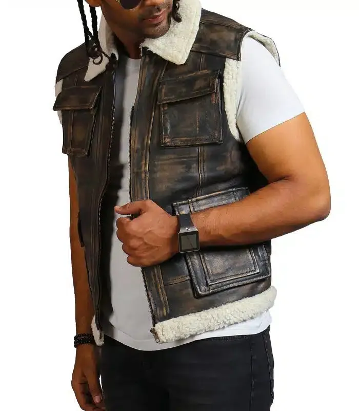 Brown Waxed Faux Fur Leather Vest