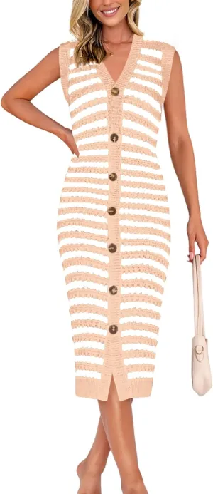 BTFBM Casual Women Spring Dresses 2025 Sleeveless Striped Midi Button Down Dress Ribbed Knit Cardigan Cover Up Dress