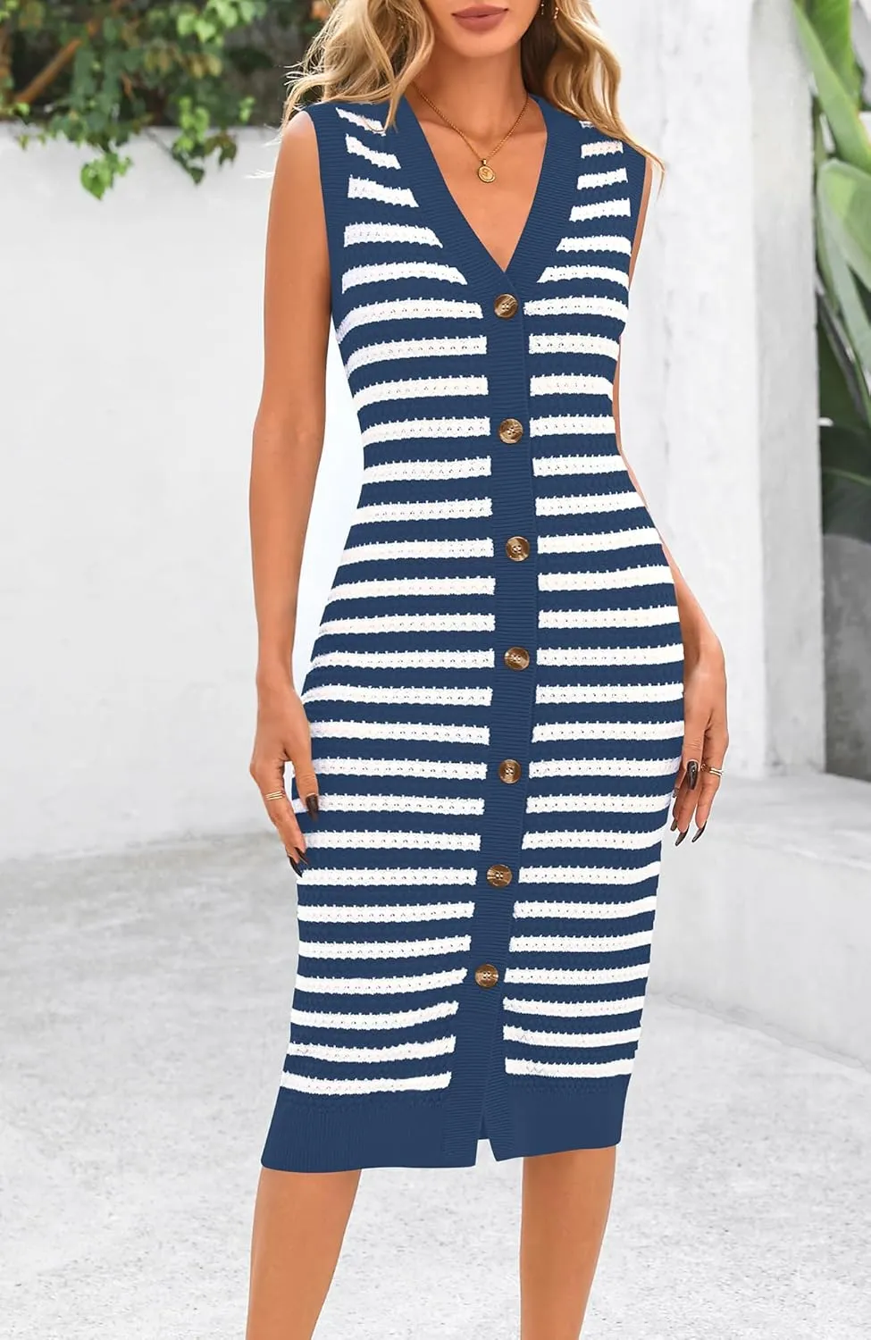BTFBM Casual Women Spring Dresses 2025 Sleeveless Striped Midi Button Down Dress Ribbed Knit Cardigan Cover Up Dress