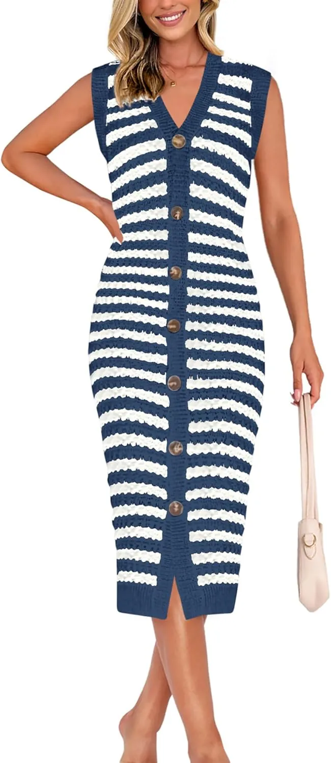 BTFBM Casual Women Spring Dresses 2025 Sleeveless Striped Midi Button Down Dress Ribbed Knit Cardigan Cover Up Dress