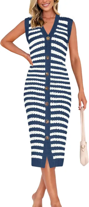BTFBM Casual Women Spring Dresses 2025 Sleeveless Striped Midi Button Down Dress Ribbed Knit Cardigan Cover Up Dress