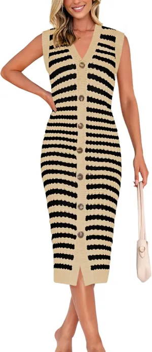 BTFBM Casual Women Spring Dresses 2025 Sleeveless Striped Midi Button Down Dress Ribbed Knit Cardigan Cover Up Dress