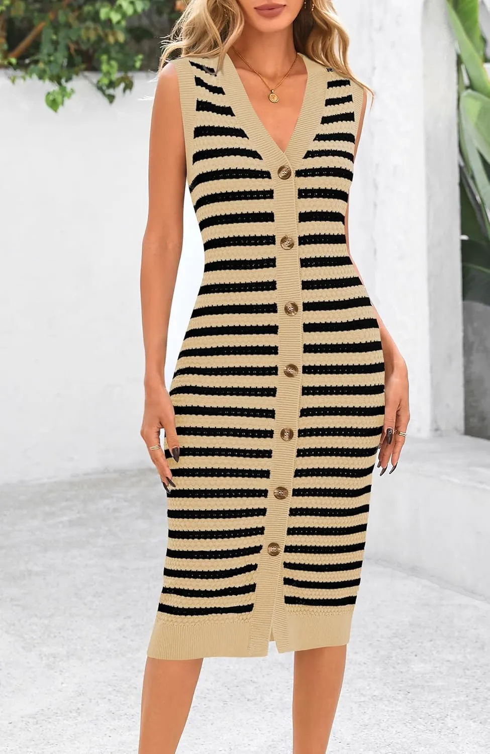 BTFBM Casual Women Spring Dresses 2025 Sleeveless Striped Midi Button Down Dress Ribbed Knit Cardigan Cover Up Dress