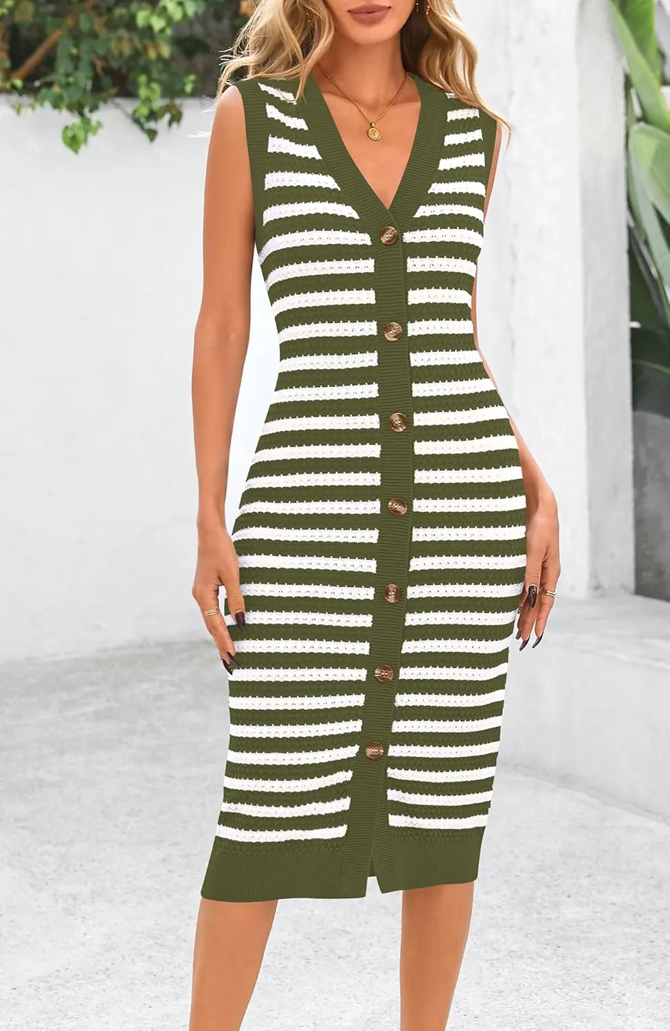 BTFBM Casual Women Spring Dresses 2025 Sleeveless Striped Midi Button Down Dress Ribbed Knit Cardigan Cover Up Dress