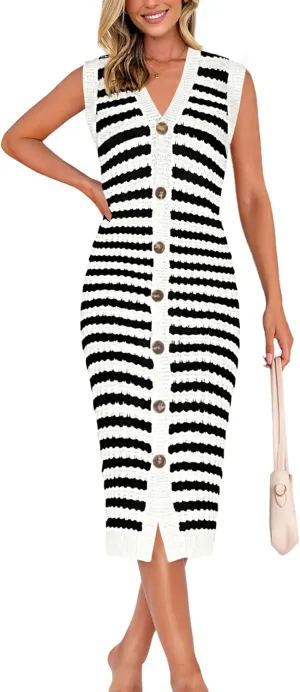 BTFBM Casual Women Spring Dresses 2025 Sleeveless Striped Midi Button Down Dress Ribbed Knit Cardigan Cover Up Dress