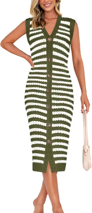 BTFBM Casual Women Spring Dresses 2025 Sleeveless Striped Midi Button Down Dress Ribbed Knit Cardigan Cover Up Dress