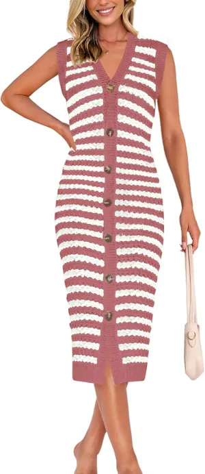 BTFBM Casual Women Spring Dresses 2025 Sleeveless Striped Midi Button Down Dress Ribbed Knit Cardigan Cover Up Dress