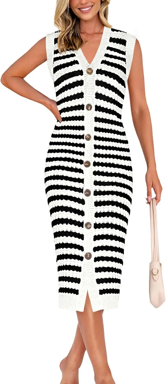 BTFBM Casual Women Spring Dresses 2025 Sleeveless Striped Midi Button Down Dress Ribbed Knit Cardigan Cover Up Dress