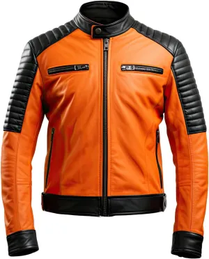 Buy & Catch Online Store Men Cafe Racer Orange Motorcycle Jacket Quilted Leather Biker Zipper Rider Moto Jacket, Small