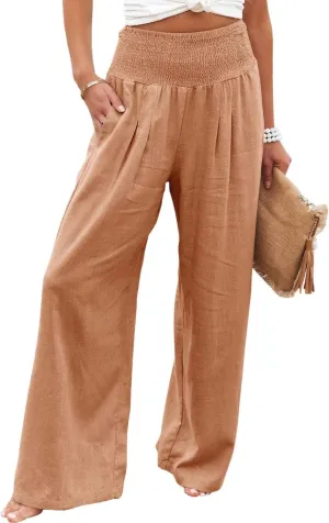 Canbebig Womens Linen Pants Boho Wide Leg High Waist Palazzo Pants Casual Smocked Waisted Pants Lounge Trousers with Pockets