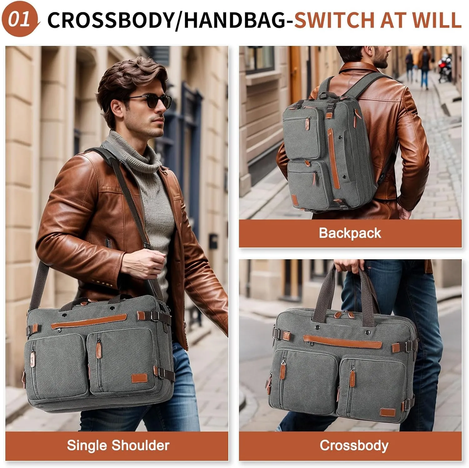 Canvas Laptop Backpack for Men, Versatile 3-in-1 Design and Pockets for Organized Storage